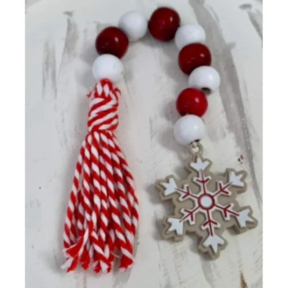 Christmas Bead Garland, Red & White Beads, Snowflake & Tassel Tiered Tray Decor